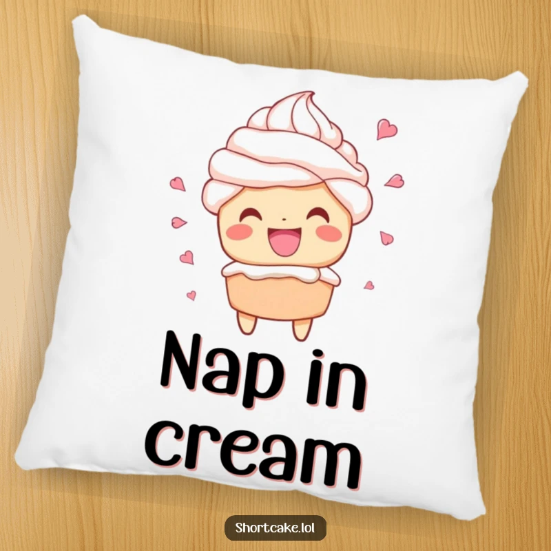 Funny pillow featuring a shortcake character with a wide, happy grin and splatters of whipped cream.