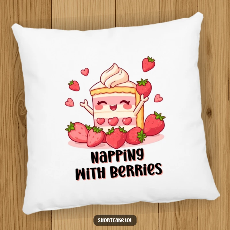 Funny shortcake pillow depicting a dessert slice juggling strawberries, adding a touch of sweet and humorous decor.