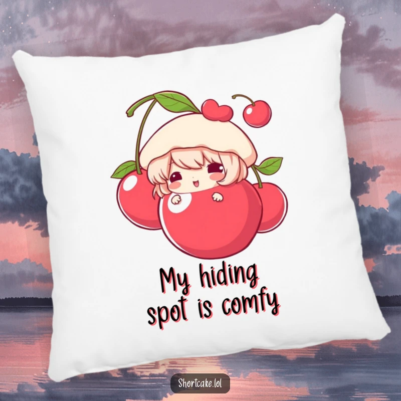 Funny Pillow with a shortcake character peeking playfully behind a giant cherry, offering comfort and a touch of sweet humor.