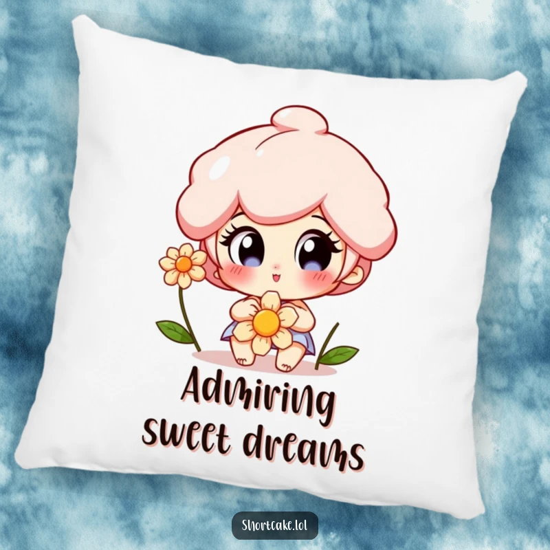 Funny Shortcake Pillow showing a character with wide, delighted eyes captivated by a flower, offering cozy, sweet-themed comfort.
