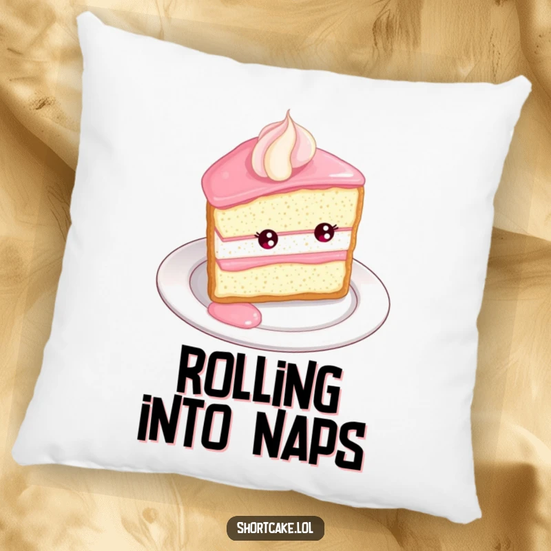 Funny Shortcake Roll Pillow. A plush cushion featuring a shortcake slice rolling with delight down a plate edge, bringing dessert humor.