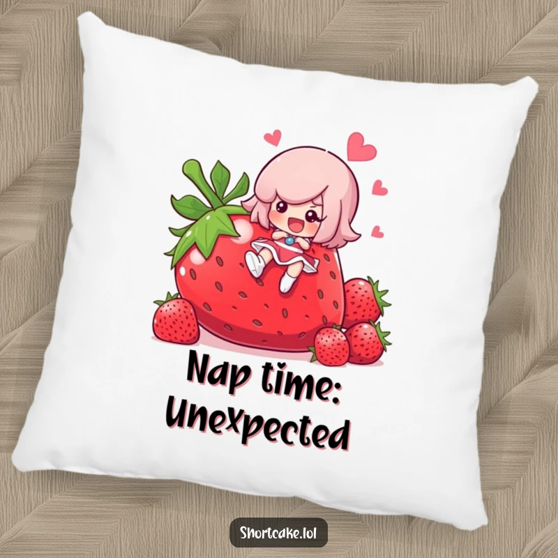 Funny shortcake character slipping on a giant strawberry, soft decorative pillow, cute dessert accent, a funny gift.