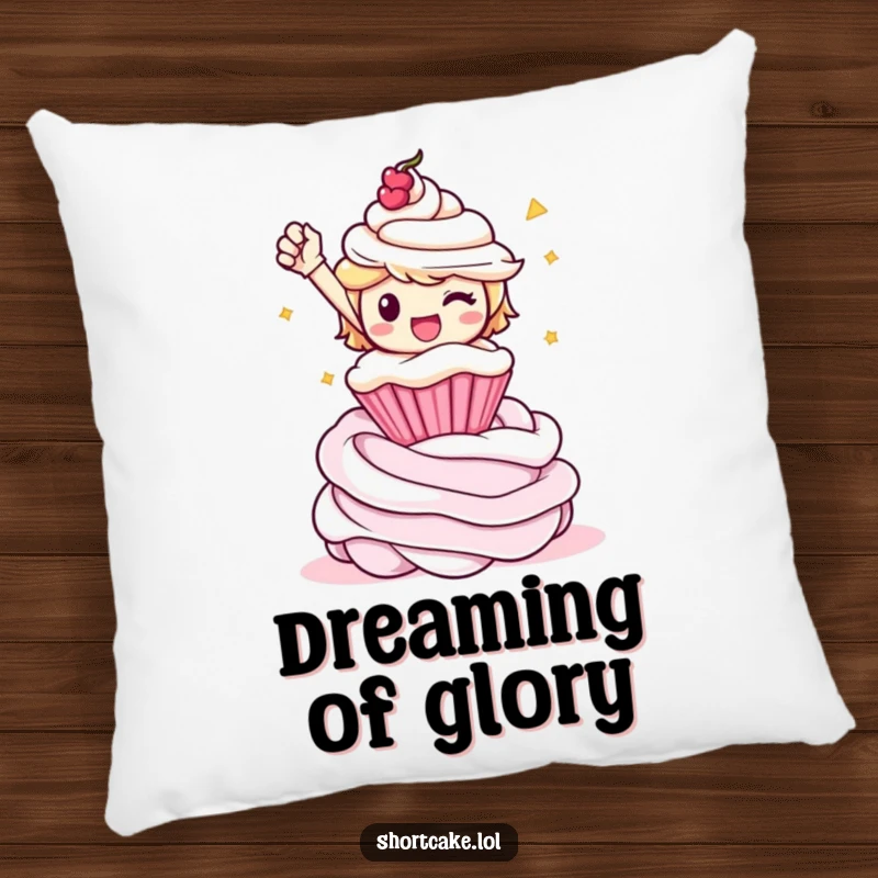Funny shortcake character in a triumphant pose on a whipped cream swirl, printed on a soft, decorative pillow.