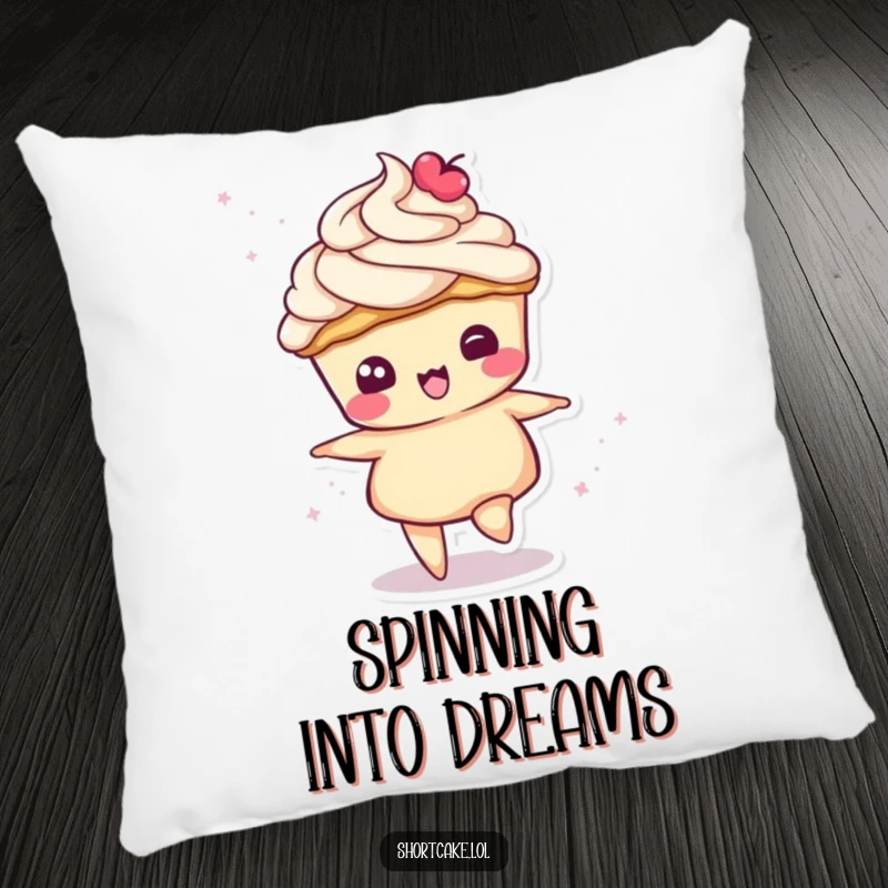 Funny pillow featuring a shortcake slice character in a delightful spin, its cream topping swirling, adding charm.