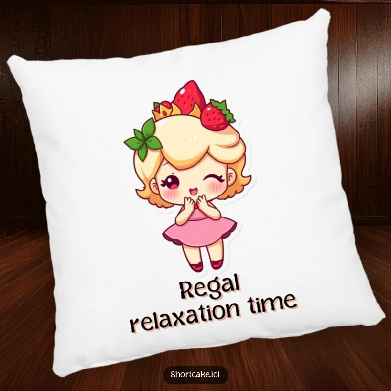 Funny shortcake character wearing a strawberry crown and curtsying, a soft and humorous pillow adding regal sweetness.
