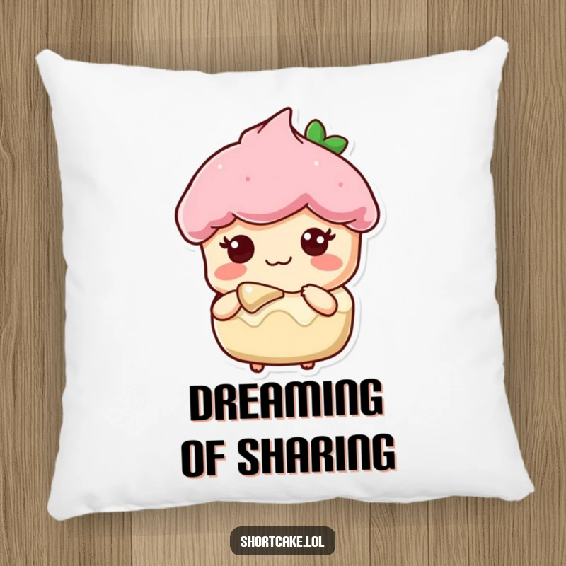 Funny pillow featuring a shortcake slice character with a sweet expression, offering a bite, perfect for comfort.