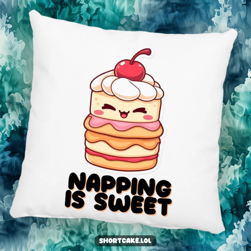 Funny shortcake pillow showing a layered dessert with a cherry winking mischievously, perfect for adding sweet humor to any room.