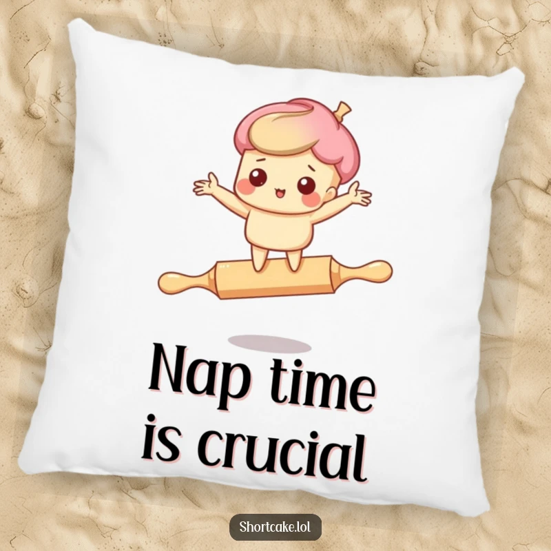 Funny pillow decor: A sweet shortcake character hilariously flailing on a rolling pin, perfect for a cozy, comical vibe.