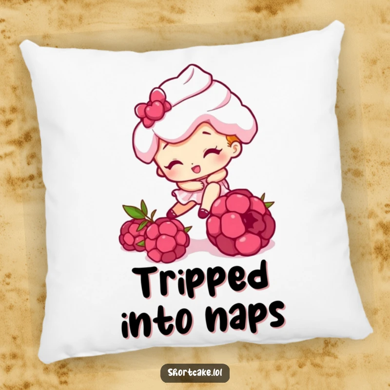 Funny pillow with a shortcake character comically tripping over a raspberry, perfect for adding humorous comfort and a touch of silliness.