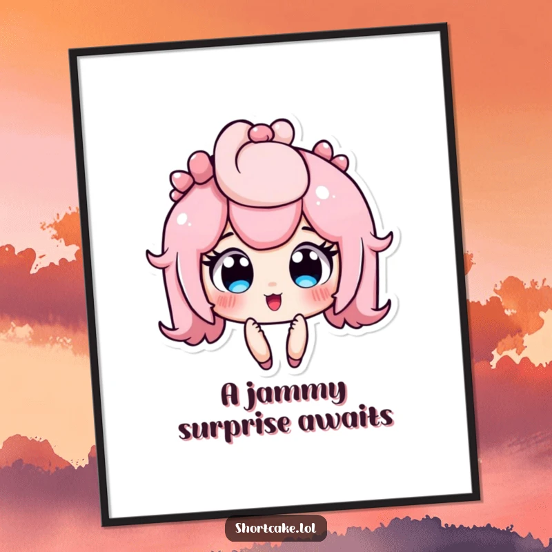 Funny shortcake digital art print, cute dessert character with wide, jammy eyes, surprised expression, instant download, humorous funny gift.