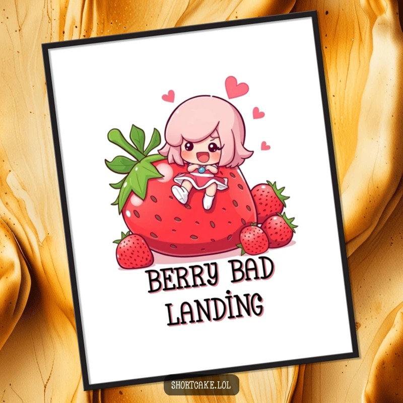 Funny shortcake character slipping on a giant strawberry, cute dessert digital artwork, instant download, a funny gift.