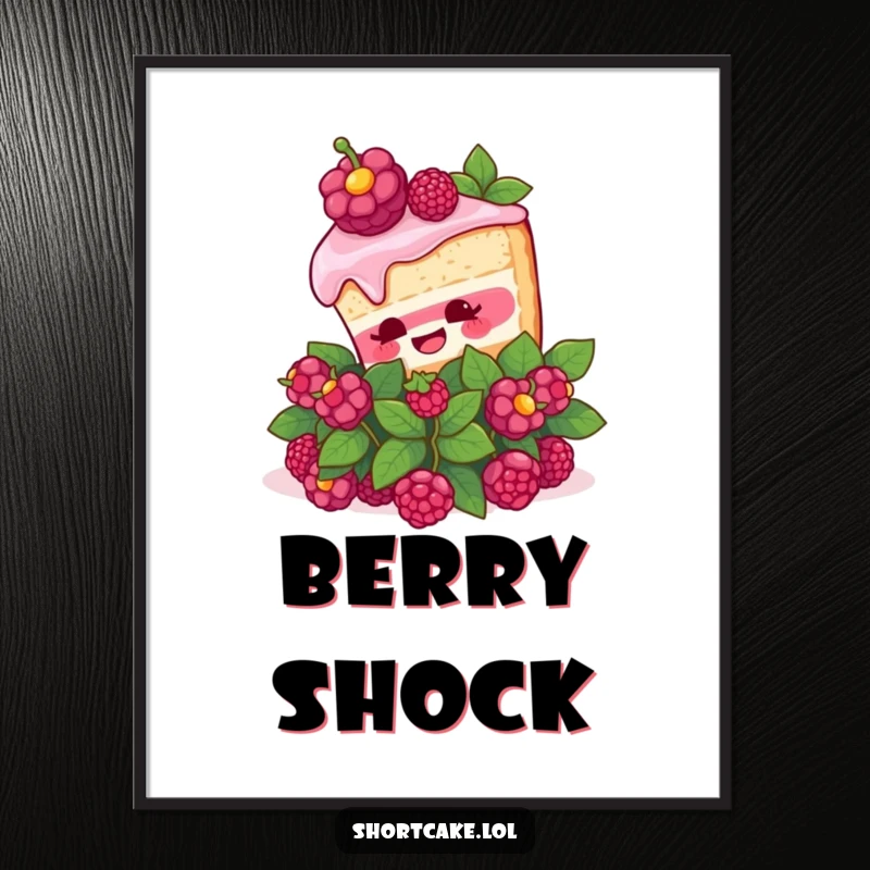 Funny Shortcake Surprise Digital Art Print. A downloadable artwork of a shortcake slice popping out of a berry bush with surprise, for dessert humor.