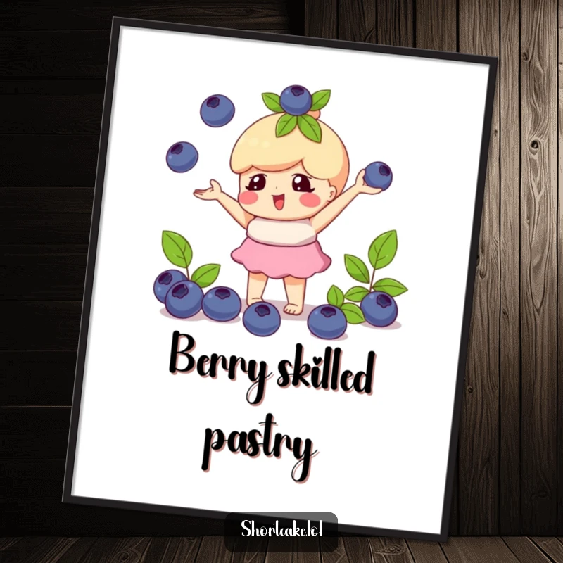 Funny digital art of a shortcake character playfully juggling blueberries, offering instant playful decor.