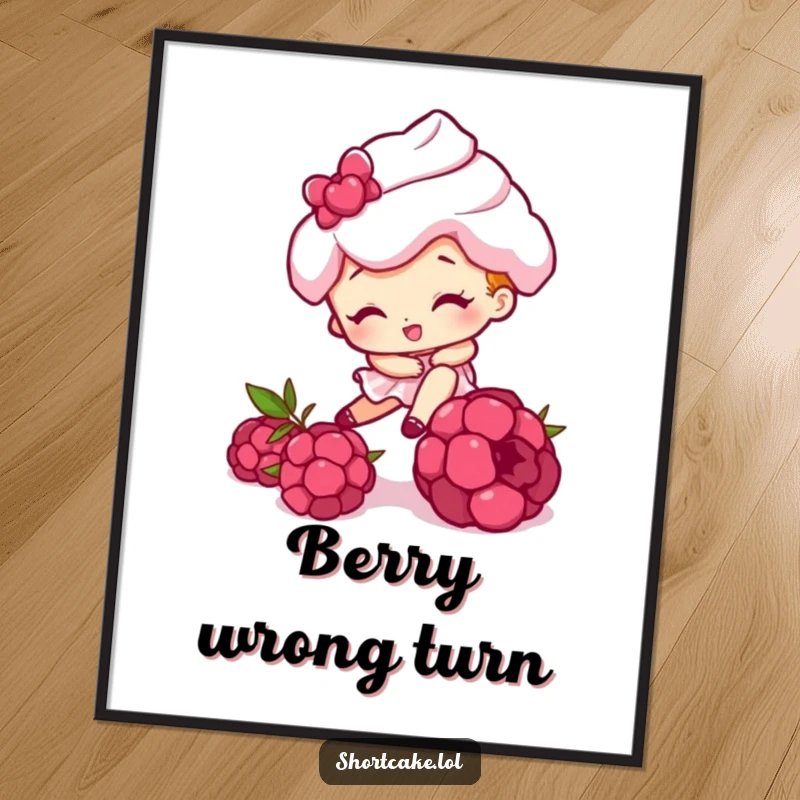 Funny digital art print of a shortcake character comically tripping over a raspberry, offering instant whimsical and humorous wall decor.