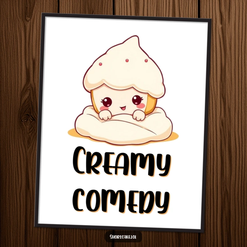 Funny kawaii shortcake character peeking from cream, making a hilarious funny face, ready to bring sweet humor to your decor. Great gift.
