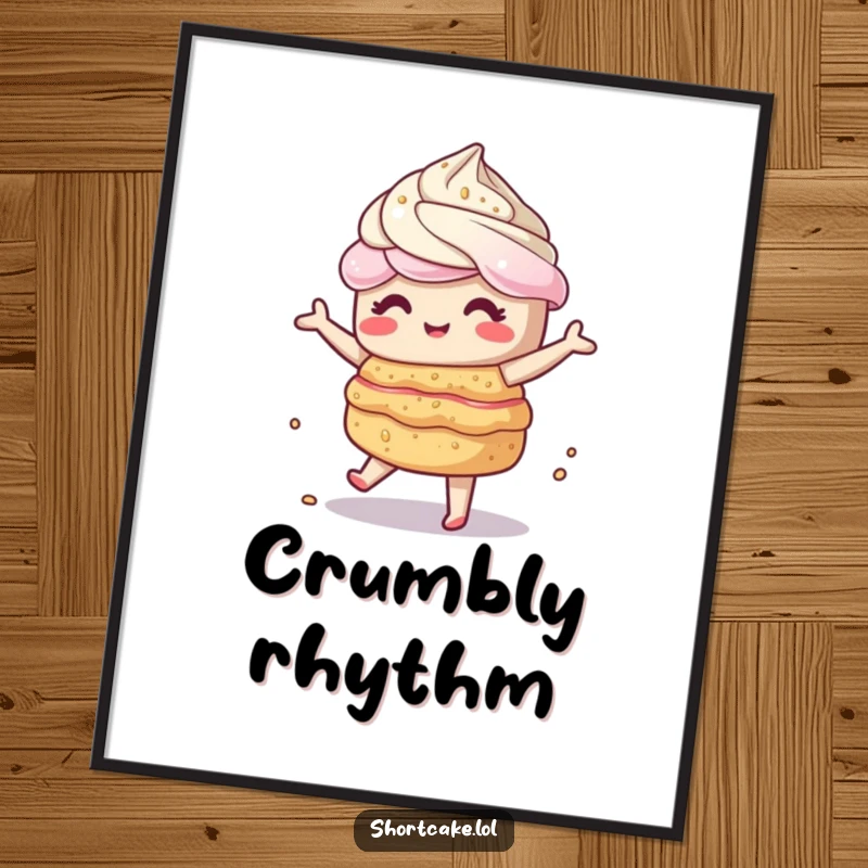 Funny kawaii shortcake character doing a wobbly dance, layers crumbly and unstable, ready to bring humorous energy to your decor. Great gift.