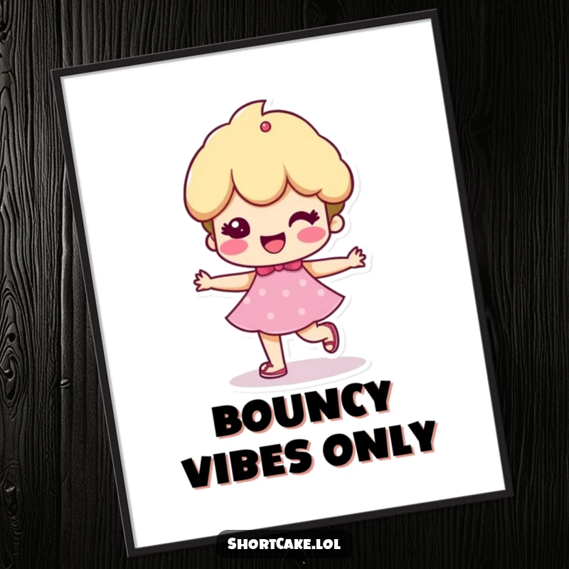 Funny digital art print of a shortcake character with a cheerful, bouncy step, offering instant whimsical and happy wall decor.
