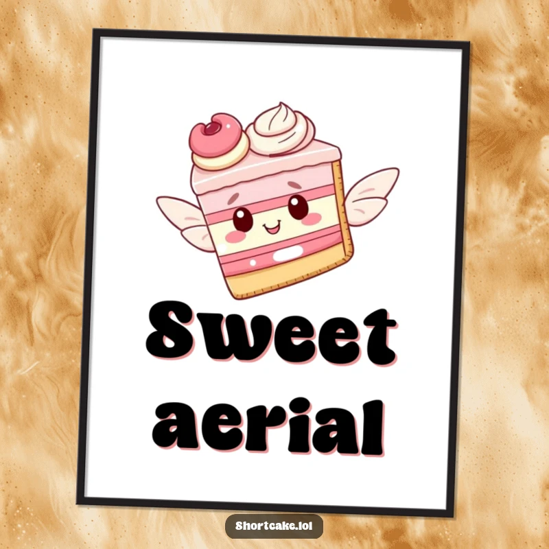 Funny digital art of a shortcake slice with delicate pastry wings, soaring gracefully, bringing whimsical dessert dreams to any room.