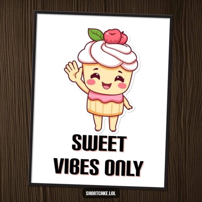 Funny Digital Art Print of a shortcake character giving a cheerful wave with a pastry hand, perfect for instant decoration.