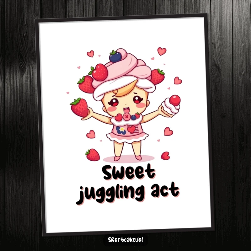 Funny shortcake character juggling berries and cream puffs, cute dessert digital artwork, instant download, a funny gift.