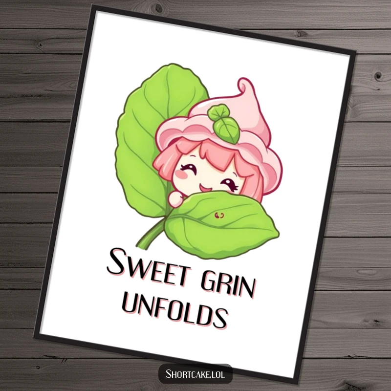 Funny Shortcake Digital Art Print of a sweet shortcake character peeking with a grin from behind a mint leaf.
