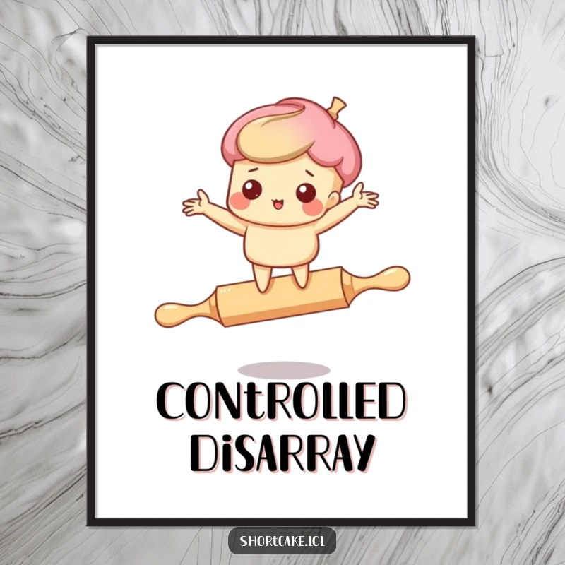Funny digital art print: A shortcake character comically losing control on a rolling pin, full of action and humor.