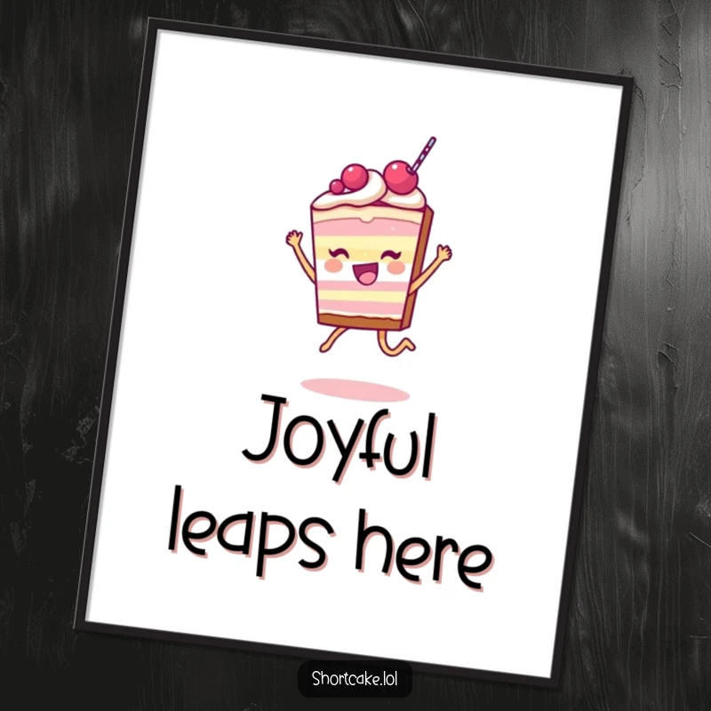 Funny Shortcake Slice Digital Art Print showing a character leaping with pure delight, perfect for adding sweet humor to digital displays.