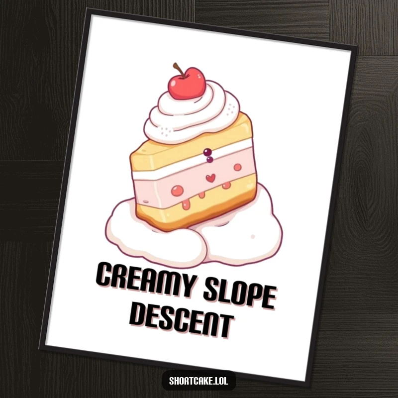 Funny digital art of a shortcake slice gleefully sliding down a whipped cream slope, ideal for instant humorous home decor.