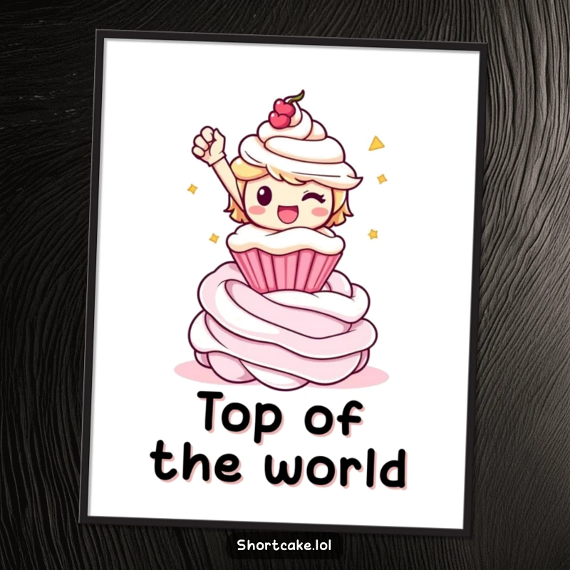 Funny shortcake character striking a triumphant pose on a whipped cream swirl, available as a high-quality digital art print.