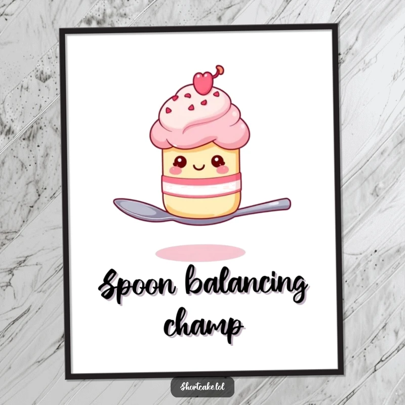 Funny shortcake winking on a spoon digital art print, a dessert character balancing with a mischievous wink, for whimsical decor.