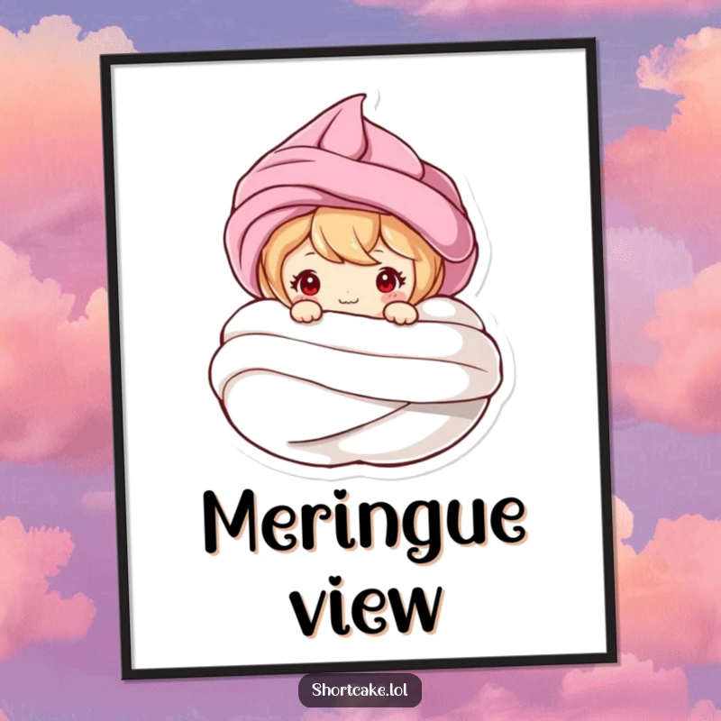 Funny digital art print of a shortcake character peeking from a meringue swirl, offering instant whimsical and humorous wall decor.