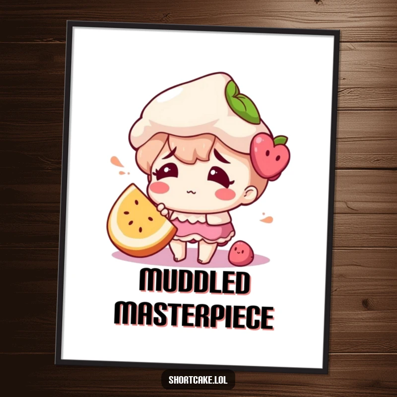 Funny digital art print of a shortcake character looking confused, a fruit slice misplaced, ideal for decor.