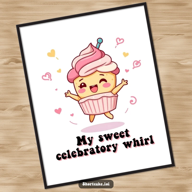 Funny shortcake digital art print, cute dessert character in a celebratory spin, frosting swirls, instant download, humorous funny gift.