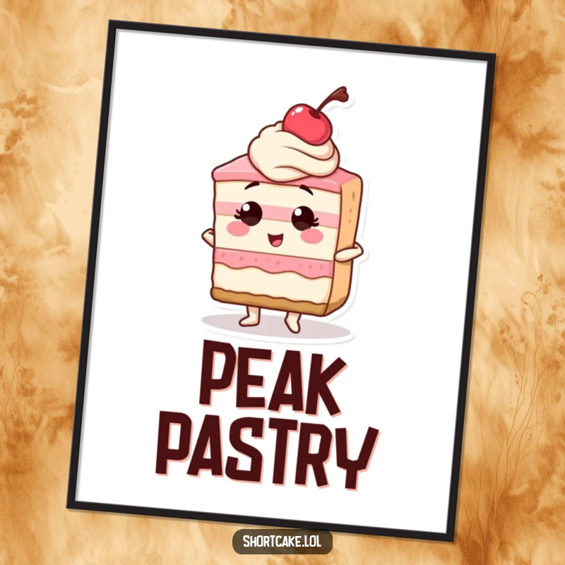 Funny digital art of a shortcake slice posing confidently with a cherry on top, radiating sweet sass and humor for walls.
