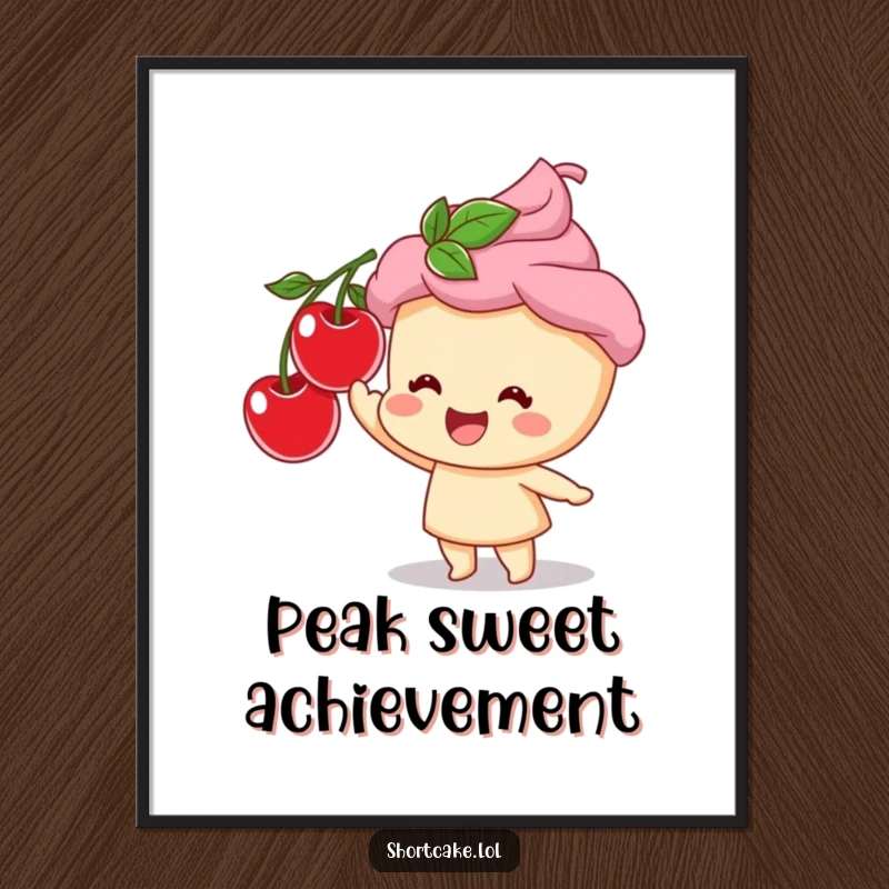 Funny digital art print of a happy shortcake character joyfully reaching for a ripe cherry, ready to be printed.