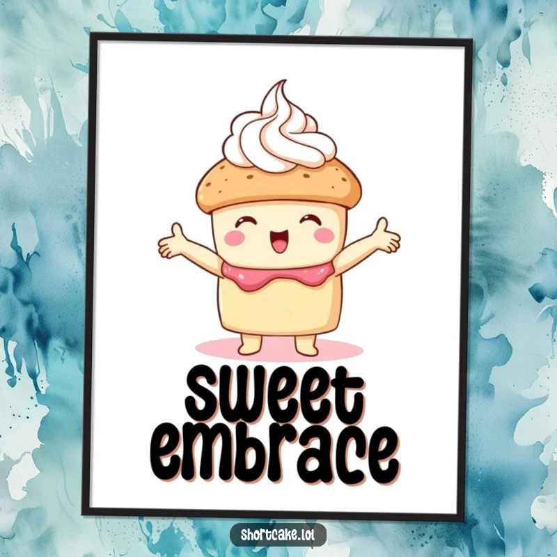 Funny shortcake digital art print of a shortcake embracing whipped cream with open arms, adding a sweet and cozy touch.