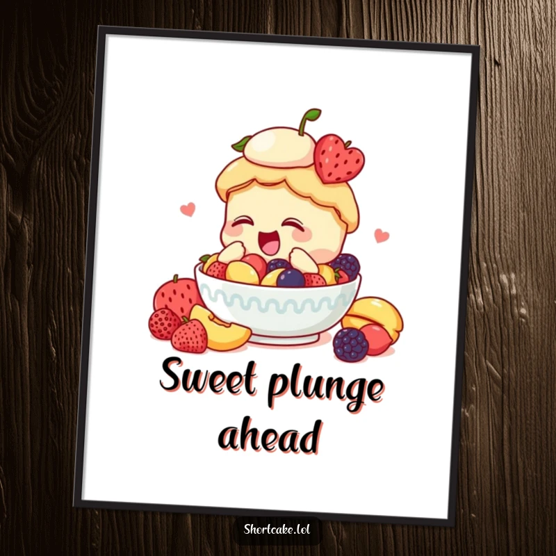 Funny shortcake digital art, diving into fruit, enthusiastic, joyful illustration, instant download.