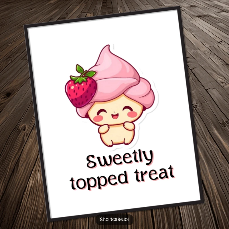 Funny shortcake character with a berry on its head, looking happy, available as a downloadable digital art print.