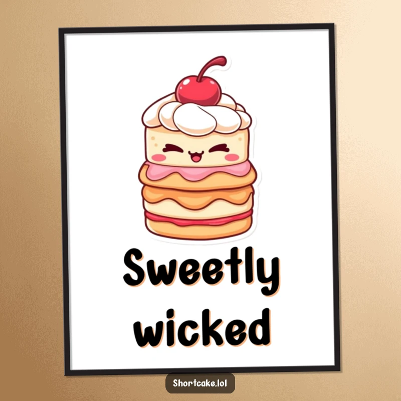 Funny shortcake digital art print of a layered dessert with a cherry winking mischievously, adding a sweet and humorous touch.