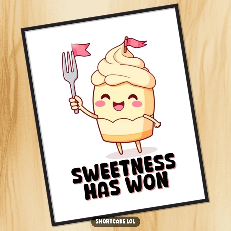 Funny digital art of a jubilant shortcake character waving a miniature fork flag, offering instant celebratory decor.