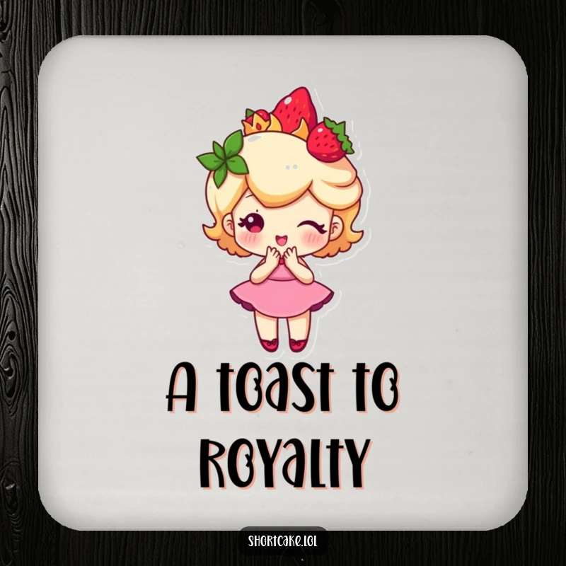 Funny shortcake character wearing a strawberry crown and curtsying, a cute and humorous coaster set for surfaces.
