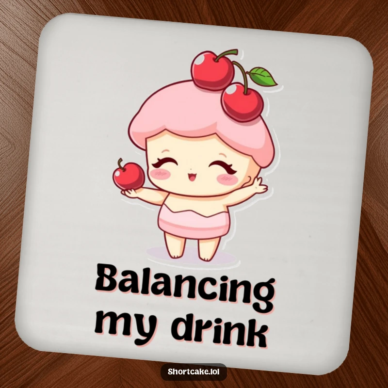 Funny shortcake character balancing a cherry on its point like a hat, a cute and humorous coaster set for surfaces.