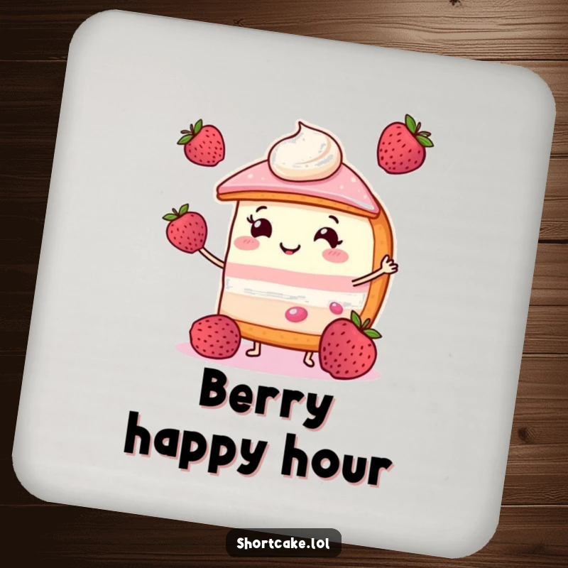 Funny shortcake coaster with a smiling slice juggling three small berries, perfect for adding sweet and joyful humor to drinks.