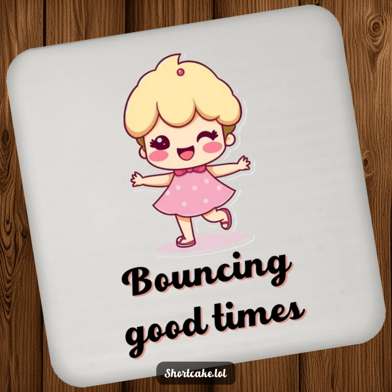 Funny drink coasters featuring a shortcake character with a cheerful, bouncy step, protecting surfaces with a splash of happiness.
