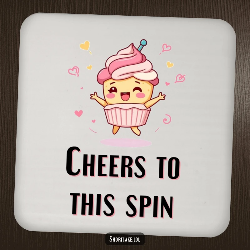 Funny shortcake coaster, cute dessert character in a celebratory spin, frosting swirls, drink accessory, useful funny gift.