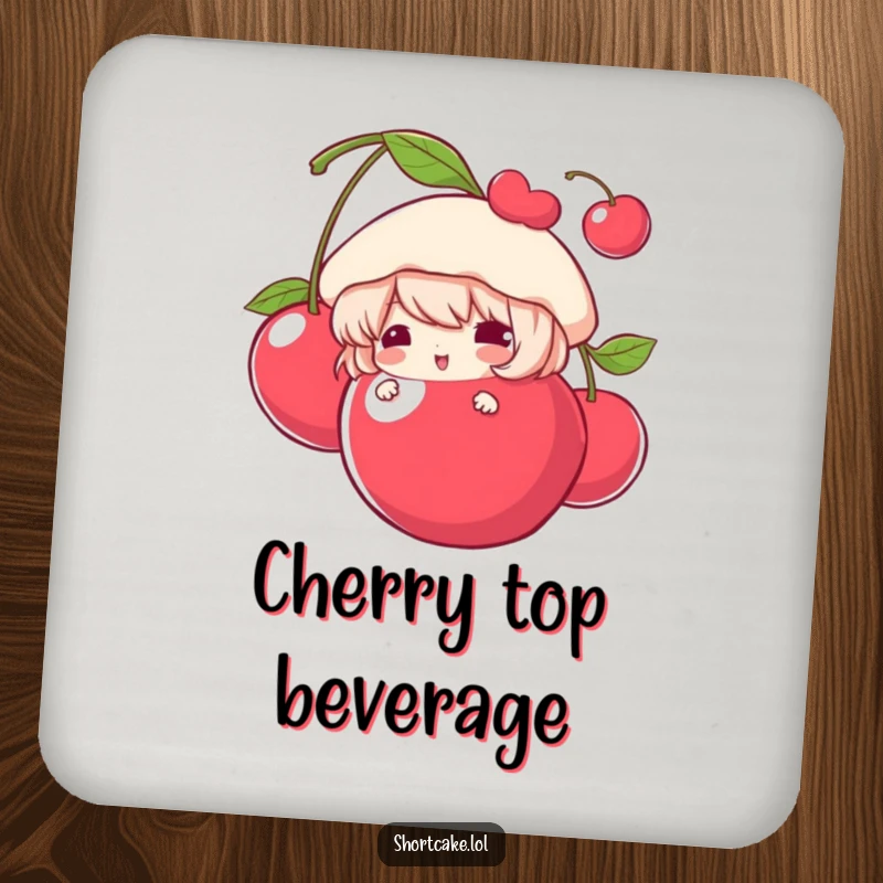 Funny Drink Coaster showcasing a shortcake character peeking from behind a cherry, protecting surfaces with humor and style.