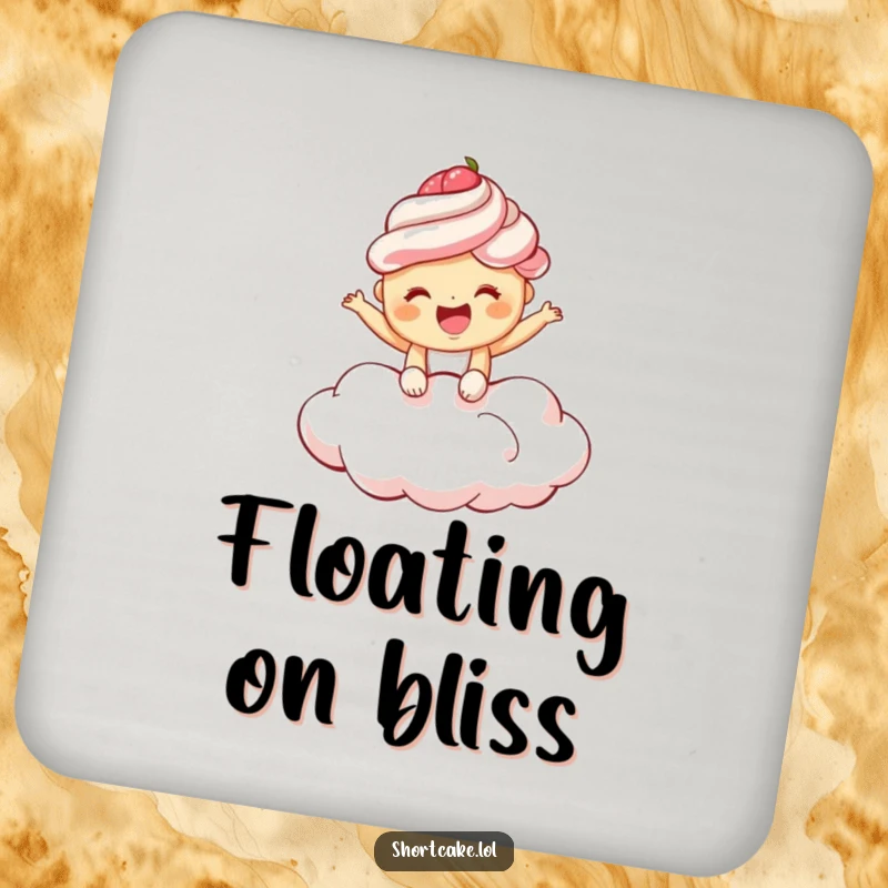 Funny shortcake coaster with a giggling shortcake bouncing on a fluffy cloud, perfect for adding sweet and joyful humor.