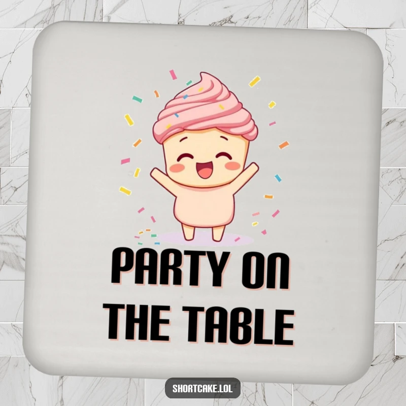 Funny shortcake doing a confetti toss drink coaster, a dessert character celebrating with confetti, protects surfaces festively.