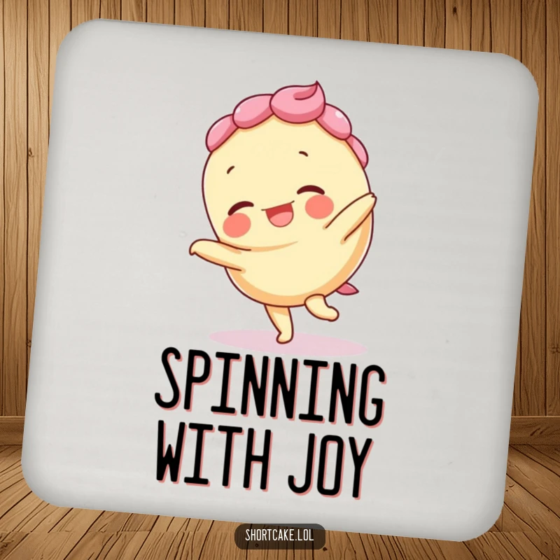 Funny coaster with a giggling shortcake doing a cartwheel, layers askew, protecting surfaces with playful energy.