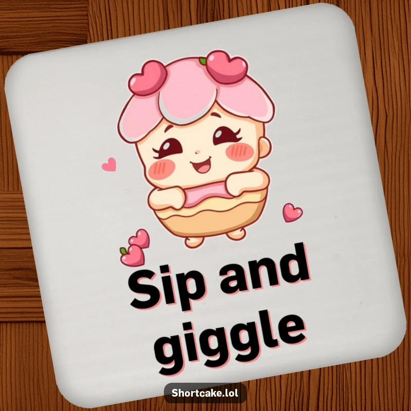 Funny shortcake with rosy cheeks giggling drink coaster, a joyful dessert character protecting surfaces with a smile.
